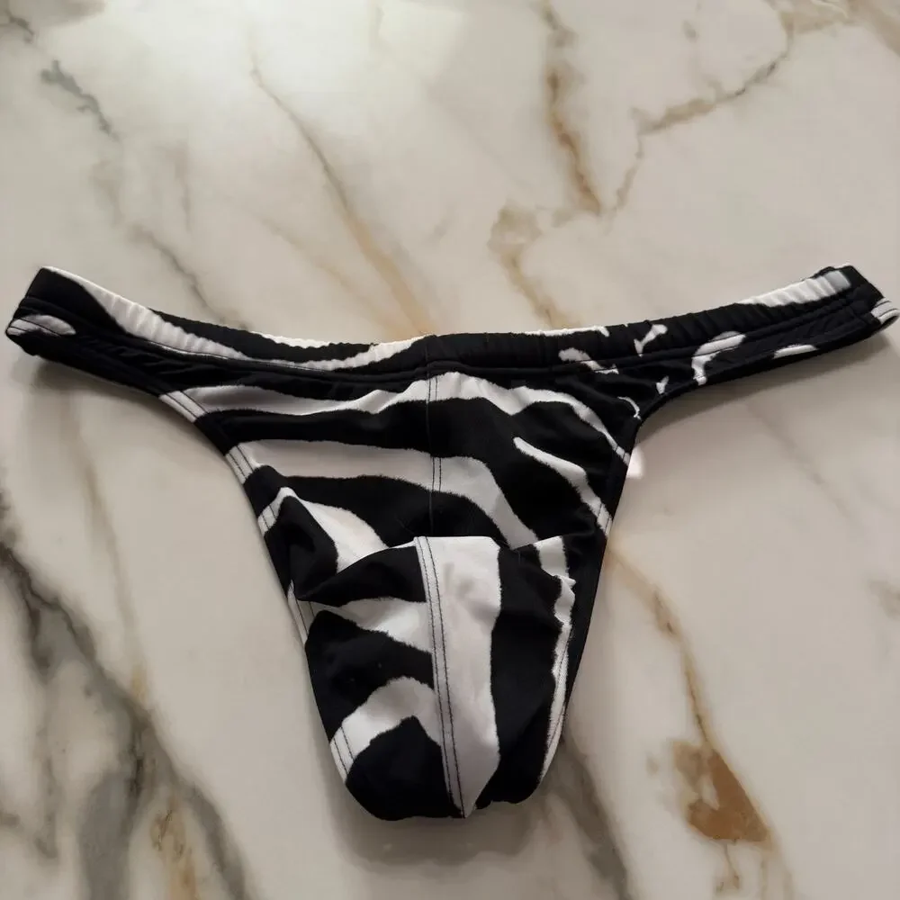 Charlie By MZ Mens Signature Print Zebra Body Swim Thong Color Black White L